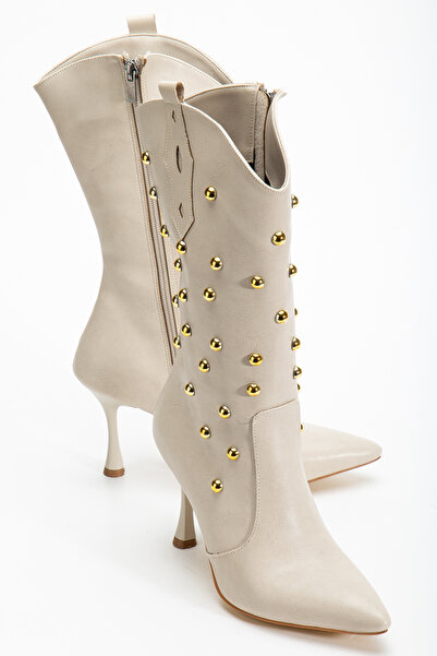 MS SUGAR SHOES Women's Gold Vegan Leather Studded Detailed Pointed Toe Thin Heeled Cowboy Boots