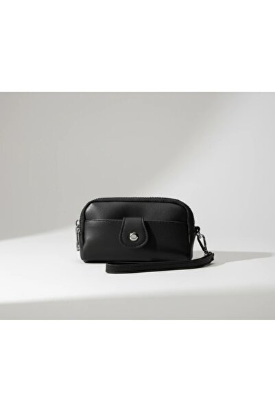 Mimoza Accessories محفظة سوداء متوسطة الحجم للجنسين بسحاب مزدوج