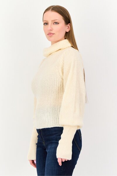 Brave Soul Women Turtle Neck Crochet Sweater, Cream