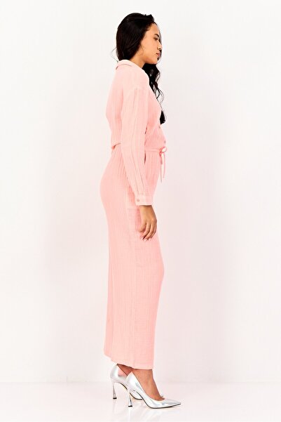 PROMOD Women Long Sleeve Plain Tie Waist Jumpsuit, Peach