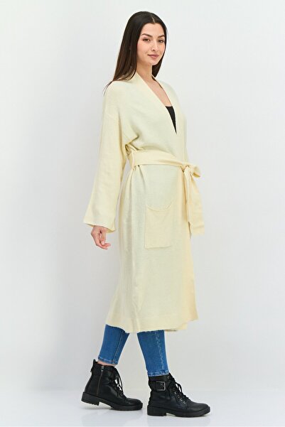 Threadbare Women Split Neck Plain Long Cardigans, Beige