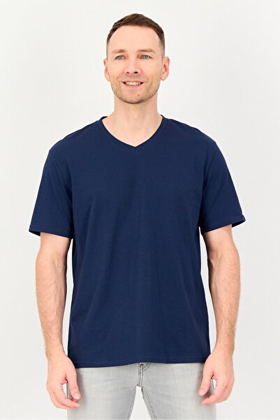 Algspar Men V-Neck Plain Short Sleeve T-Shirt, Navy Blue