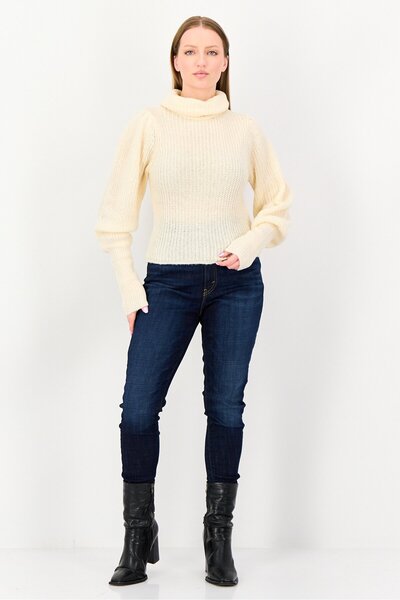 Brave Soul Women Turtle Neck Crochet Sweater, Cream