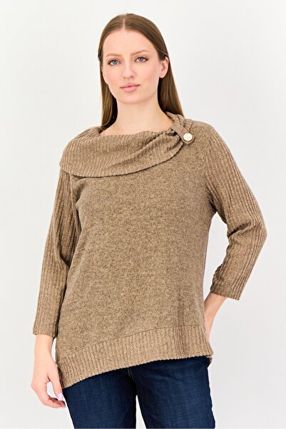 Adrienne Vittadini Women Boat Neck Long Sleeve Solid Top, Brown