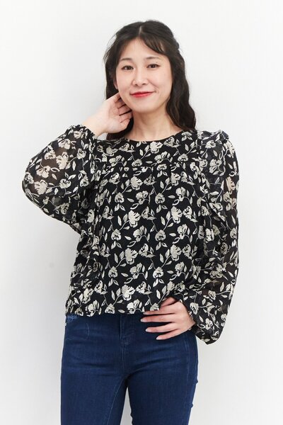 En Saison Women Keyhole Neck Long Sleeve Allover Top, Black Combo