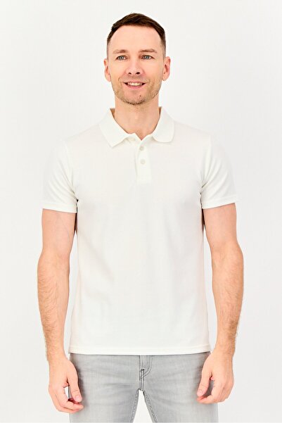 Algspar Men Spread Collar Plain Short Sleeve Polo Shirt, Off White