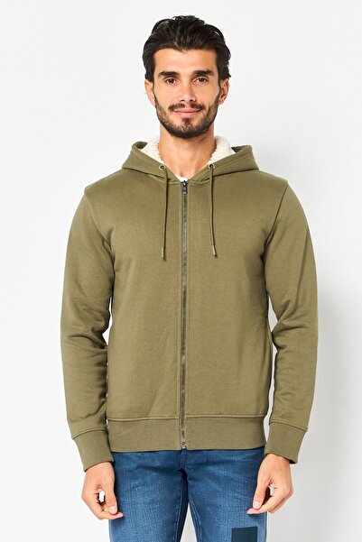 CELIO Men Solid Long Sleeve Hooded Sweatshirts, Olive