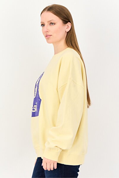 X-Girl Women Ribbed Collar Brand Logo Long Sleeve Sweatshirt, Yellow