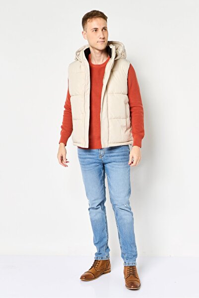 CELIO Men Quilted Hooded Puffer Jacket, Beige