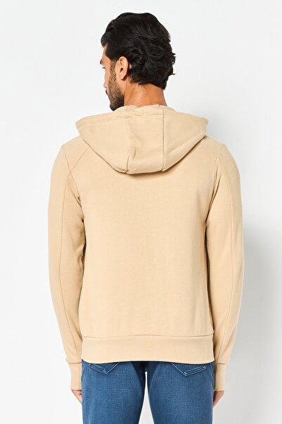 CELIO Men Hooded Solid Long Sleeve Full Zip Jacket, Beige