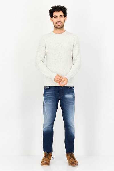 CELIO Men Crew Neck Heather Long Sleeve Sweatshirt, White Pearl
