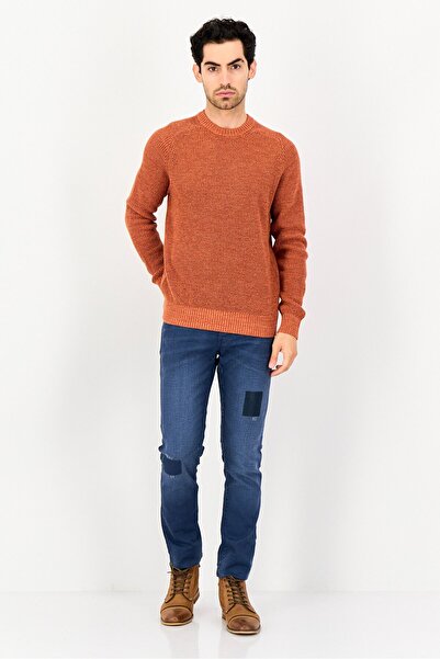 CELIO Men Crew Neck Knitted Long Sleeve Sweater, Orange