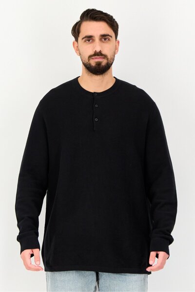 CELIO Men Crew Neck Long Sleeve Textured Sweater, Black