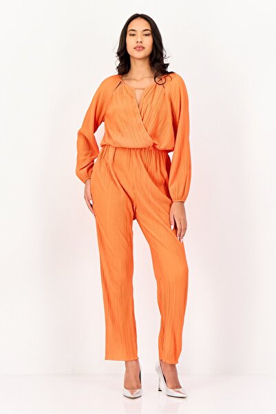 PROMOD Women Textured Long Sleeve Jumpsuit, Orange