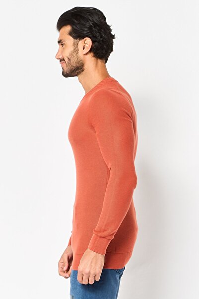 CELIO Men Crew Neck Long Knitted Sweater, Orange