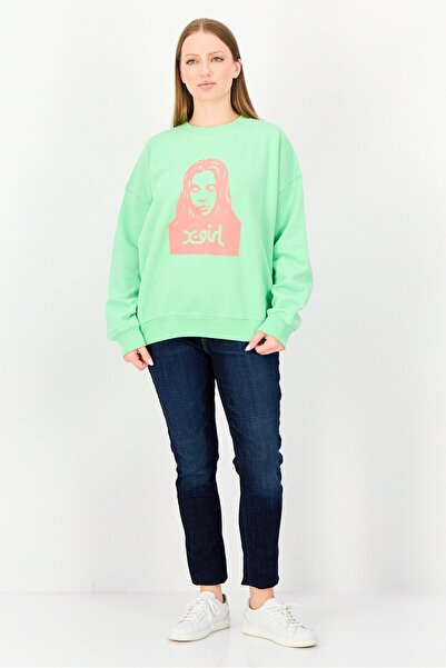 X-Girl Women Ribbed Collar Brand Logo Long Sleeve Sweatshirt, Lime Green