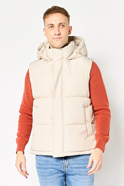 CELIO Men Quilted Hooded Puffer Jacket, Beige