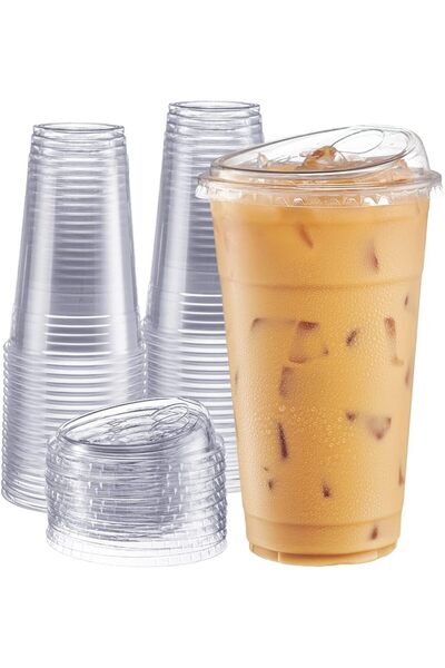 Yelajoy 100 Clear Plastic Cups, Lid, No Straw, 24 Oz, Disposable, For Cold and On-the-Go Beverages