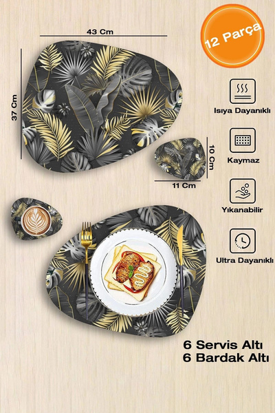 Valerine Life Gray Gold Palm Leaf Patterned American Leather Non-Slip Washable Placemat 12 Pieces for 6 People