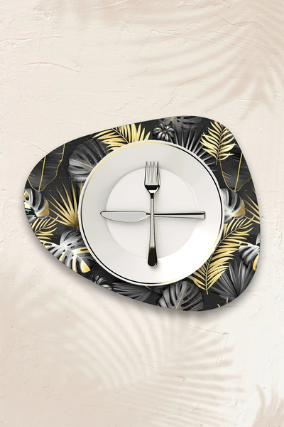 Valerine Life Gray Gold Palm Leaf Patterned American Leather Non-Slip Washable Placemat 12 Pieces for 6 People