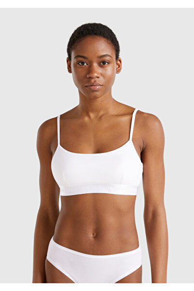 United Colors of Benetton Women's White Cotton Blend Logo Tape Thin Strap Bra