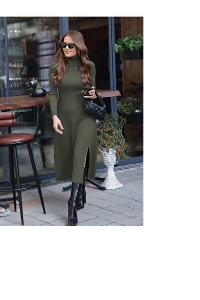 ND Boğazlı Zarif Yeşil Triko Elbise