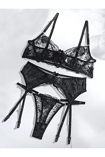 JInsh High-end Elegant Lady Floral Embroidery Fashionable Black Charm Lace Women Lingerie Set