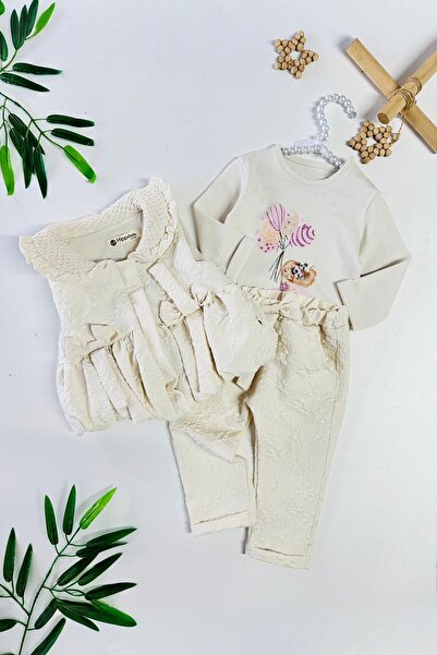 Minigimin Cicileri My Little One's Cicileri Jacquard Bow Detailed Inflatable Vest Set Girl Baby Doll Set of 3 - Cream
