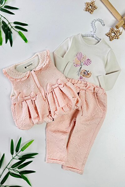 Minigimin Cicileri My Little One's Cicileri Jacquard Bow Detailed Inflatable Vest Set Girl Baby Doll Set of 3 - Salmon