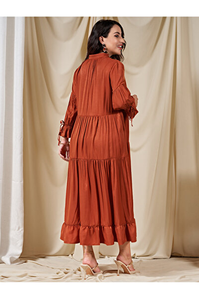 FridayIn Sweet V-neck Solid color Splicing Bandage Princess sleeves Long Dresses