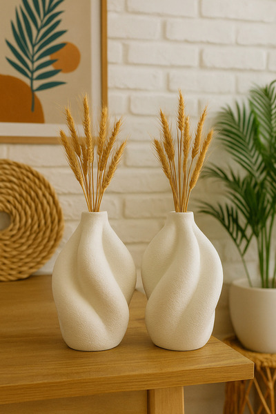 MERAM PRİNT Modern Spiral Tasarım Dekoratif Beyaz Vazo Seti (2’li) – Minimalist Ev Dekoru, Kurutulmuş Çiçek İçin