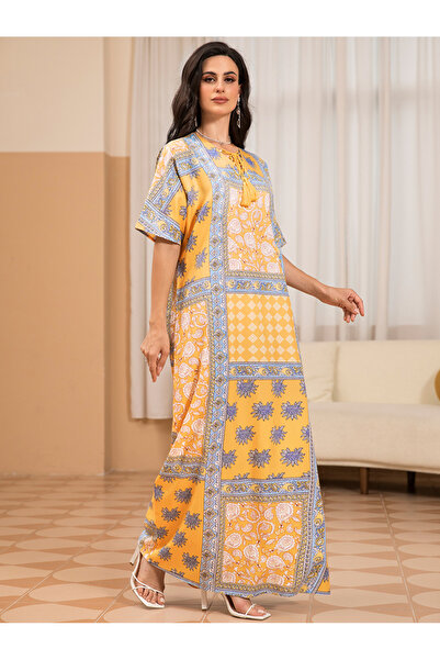 FridayIn Sweet V-neck Printing Tassel Regular sleeve Long Dresses