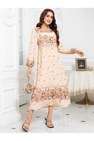 FridayIn Classical Round neck Starry sky Flowers Sequins Embroidery lace Lining Puff sleeve Mid Dresses