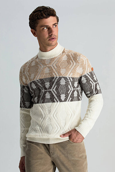 Hemington Kaşmir Yün Karışım Ekru-Kahverengi Degrade Desen Lupetto Yaka Kazak