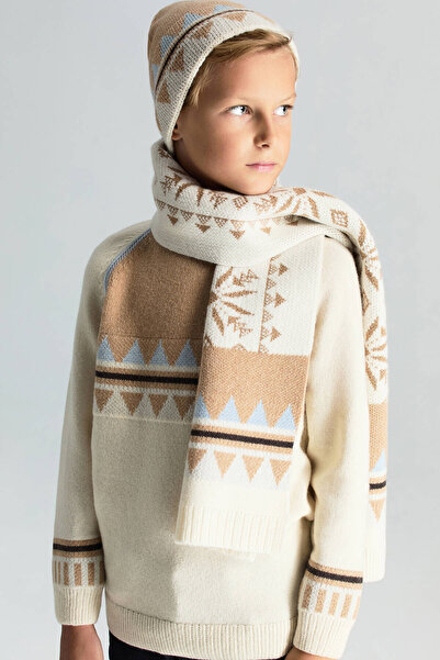Hemington Desenli Kaşmir Karışım Ekru Çocuk Bere