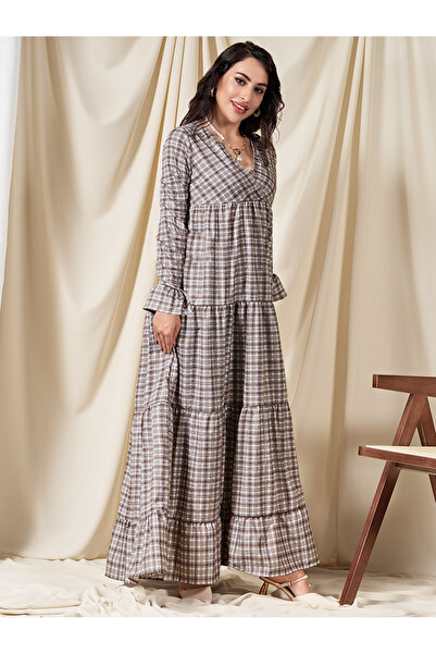 FridayIn Classical V-neck Plaid Splicing Flared sleeve Long Dresses