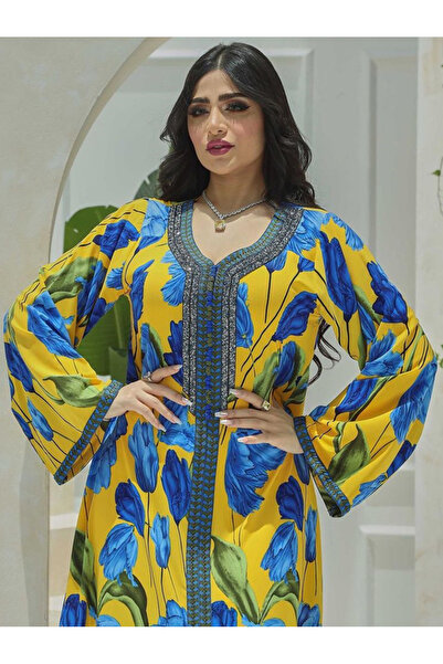 FridayIn Elegant style Sweet V-neck Color contrast Printing Ribbon Flared sleeve Kaftan