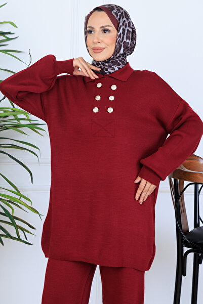 benguen Button Detailed Knitwear Set N7064 Claret Red