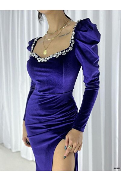 Modafeminen Flexible velvet fabric sleeve pleat front stone detailed Slit evening dress 582322 damson