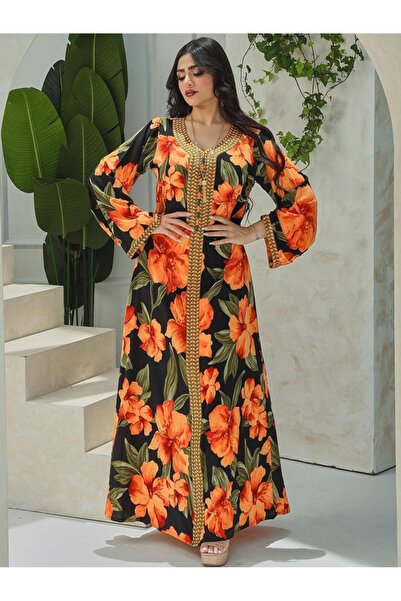 FridayIn Sweet V-neck Printing Ribbon Regular sleeve Kaftan