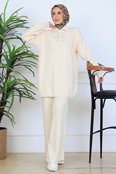 benguen Σετ πλεκτό με λεπτομέρεια με κουμπιά N7064 Χρώμα πέτρας