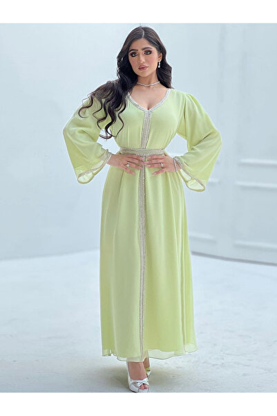 FridayIn Sweet V-neck Solid color Ribbon Puff sleeve Kaftan