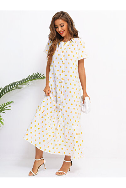 FridayIn Female Sweet Round neck Floral Loose Long dress