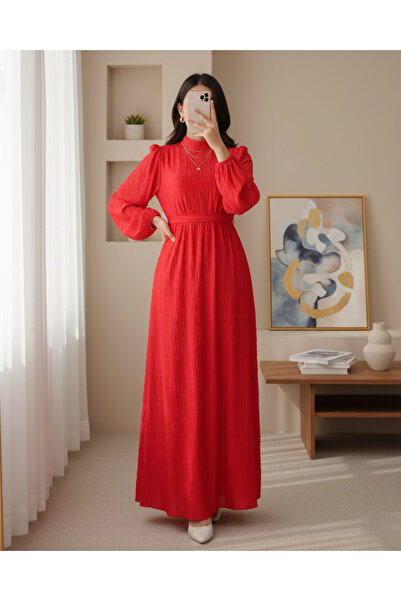 MissRunin Kemerli Pliseli Saten Elbise