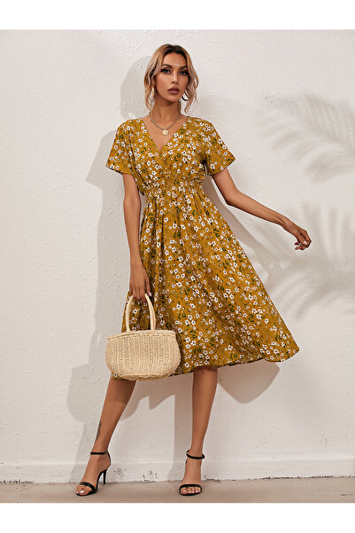 FridayIn Female Sweet V-neck Floral Basic fitness Mid dress