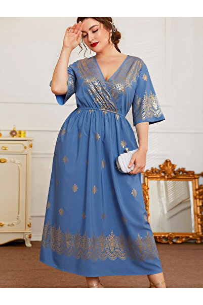 FridayIn Sweet V-neck Printing Waist drawstring Regular sleeve Plus Size Dresses