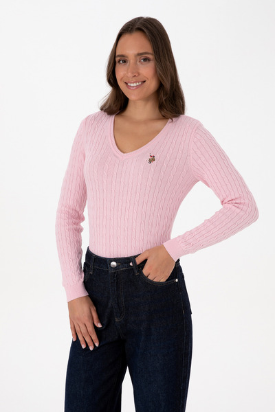 U.S. Polo Assn. Γυναικείο πουλόβερ απλό σε ανοιχτό ροζ χρώμα με λαιμόκοψη σε σχήμα V 50307700-VR078