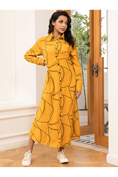 FridayIn Casual Lapel Printing Buttons Shirt sleeve Long Dresses