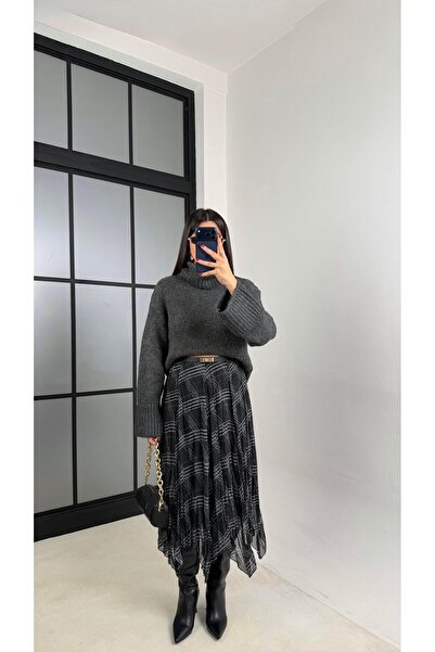 Gaus Siyah Ekose Desenli Astarlı Şifon Etek GAUS-00725