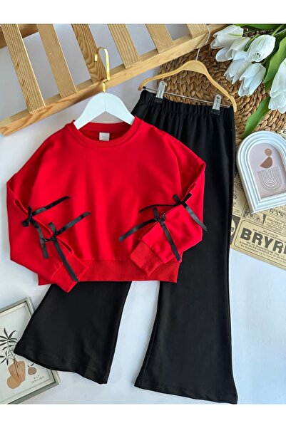 minnoşkidsbutik Kız Çocuk Kırmızı Fiyonklu İspanyol Paça 2’li Takım